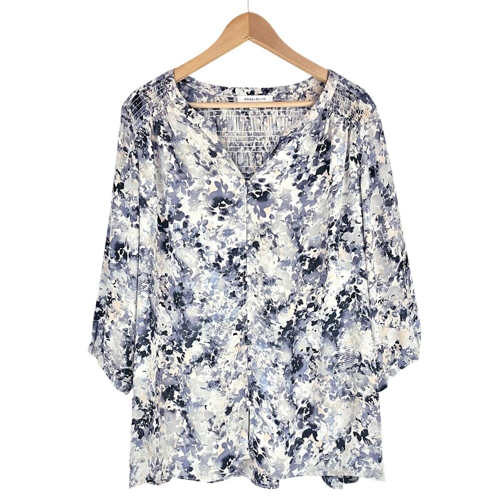 ROSE + OLIVE Lightweight Button-Up Blouse in Watercolor Abstract Floral Size 1X